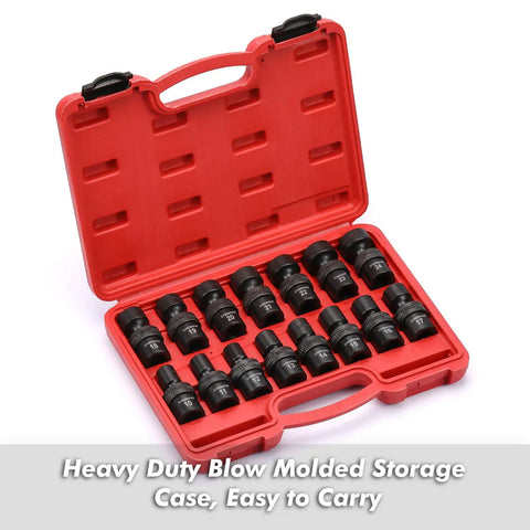 Fifteen Piece One Half Inch Drive Universal Impact Socket Set 6 Point Metric Ten To Twenty Four Millimeter Range With Flex Socket