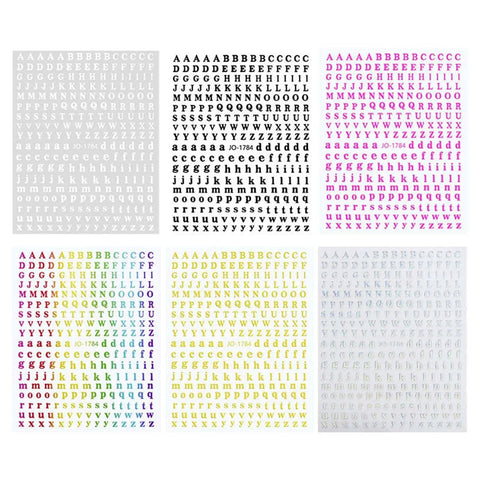 Colorful alphabet sticker sheets arranged in a grid showing different letters in various colors and fonts.