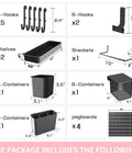 Package contents of Pegboard Wall Organizer Kit with Shelf and Hooks No Drill No Mess Easy Install for various room use.