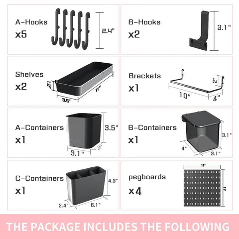 Package contents of Pegboard Wall Organizer Kit with Shelf and Hooks No Drill No Mess Easy Install for various room use.