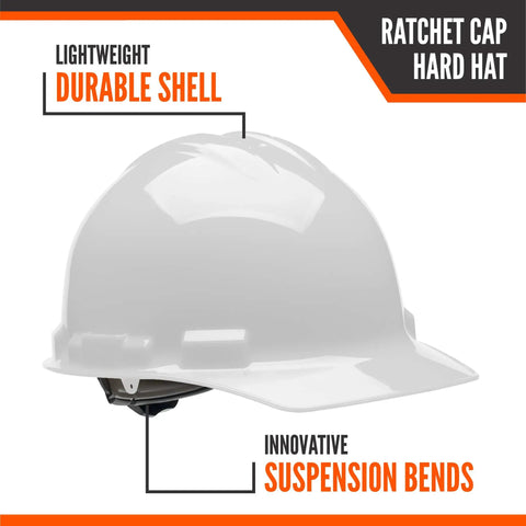 Cap Style Construction Hard Hat With Four Point Suspension Built Tough For Work OSHA And ANSI Z89 Compliant Class G And Class E Safety Helmet Made In USA White