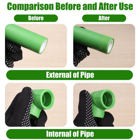 Dual Action PVC Pipe Threading Tool Kit With Internal And External Threads on pipe before and after threading with green PVC pipe sections