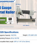 Heavy Duty Pneumatic Brad Nailer With Eighteen Gauge Nails From Three Eighths To One And A Quarter Inch Continuous Firing