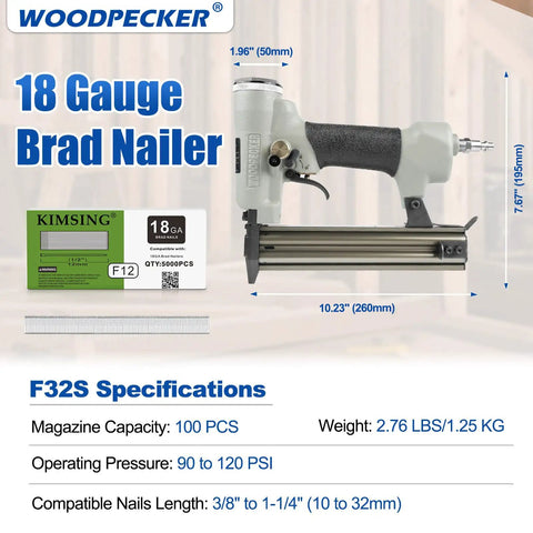 Heavy Duty Pneumatic Brad Nailer With Eighteen Gauge Nails From Three Eighths To One And A Quarter Inch Continuous Firing