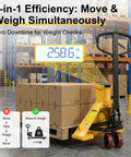Heavy Duty Electric Pallet Jack Truck Weigh Scales Built In 5500 Lbs Capacity With Big 45 Inch Forks, weighing boxes in a warehouse.