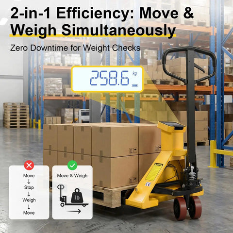 Heavy Duty Electric Pallet Jack Truck Weigh Scales Built In 5500 Lbs Capacity With Big 45 Inch Forks, weighing boxes in a warehouse.