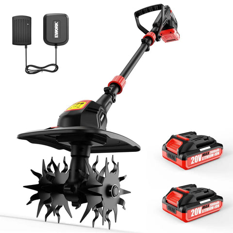 Powerful 20V Cordless Tiller Cultivator With No Cord Hassle, Two 2Ah Batteries And Fast Charger, 9 Inch Width, 7 Inch Depth Electric Garden Rototiller For Yard And Lawn Soil Cultivation, Weeding And Aeration
