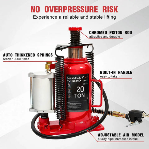 20 Ton Air Hydraulic Bottle Jack With 10.2 To 20.1 Inch Lift Range shown with features labeled, including chromed piston rod.