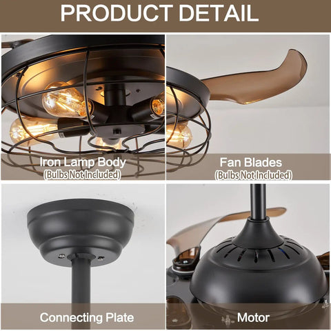36 Inch Caged Ceiling Fan With Remote Control Industrial Vintage Chandelier Style Black Iron Cage 5 Light Fixtures detail