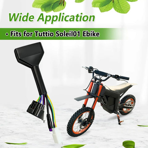 Ebike Controller Main Line Wire Harness Assembly For Tuttio Soleil01 Ebike M Button Display, shown next to an electric bicycle.