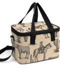 Western cowboy themed insulated lunch box with leakproof construction and removable shoulder strap