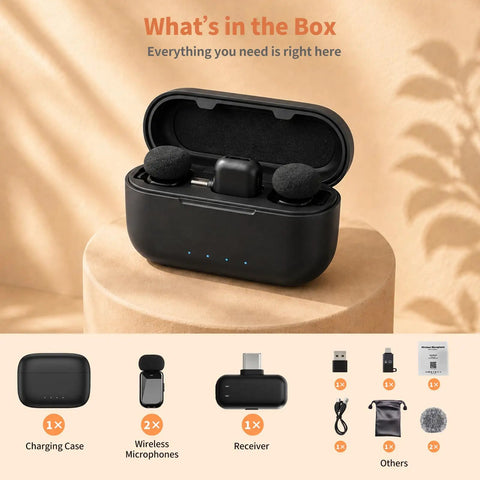 Mini Wireless Lavalier Microphone With AI Noise Cancellation, Dual Channel, 328ft Range, 36H Battery Case with accessories