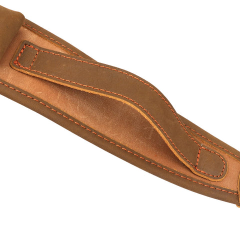 Close-up of the heavy duty canvas leather rifle sling with non-slip back, highlighting craftsmanship for outdoor shooting and hunting.