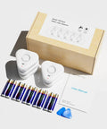 Set of 5 white water leak detectors with batteries and manual, focus on 5 Pack Water Leak Detectors for Home With 4 Levels Audible Alarm 0 to 120 dB