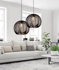 Coastal Industrial Rattan Chandelier With Black Round Wicker Shade Pendant Lamp for Living Room Over White Sofa