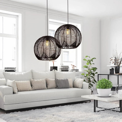 Coastal Industrial Rattan Chandelier With Black Round Wicker Shade Pendant Lamp for Living Room Over White Sofa