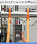 Portable Ultrasonic Clamp On Flow Meter Kit For Liquid Measurement With 3 Transducer Sets Small Medium Large DN15 To DN6000 Pipe Range RS232 Data Logging Non Invasive Water Flow Meter On The Go, clamp-on pipe setup