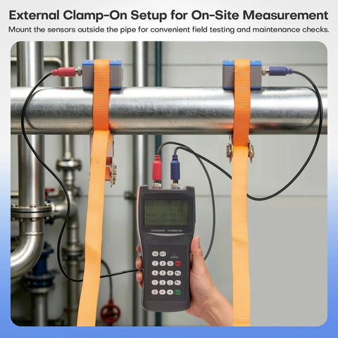 Portable Ultrasonic Clamp On Flow Meter Kit For Liquid Measurement With 3 Transducer Sets Small Medium Large DN15 To DN6000 Pipe Range RS232 Data Logging Non Invasive Water Flow Meter On The Go, clamp-on pipe setup