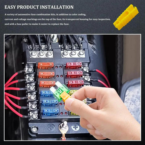 Hand holding a green and yellow mini blade fuse above a fuse box in a vehicle from the Heavy Duty Mini Blade Fuse Assortment Kit With Puller.
