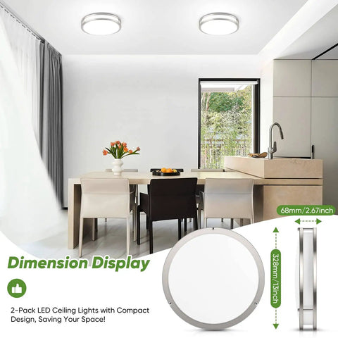 Super Bright 36W LED Ceiling Lights 3600 Lumens Dimmable Flush Mount Fixtures 13 Inch Ceiling Lamps 2 Pack Nickel Finish