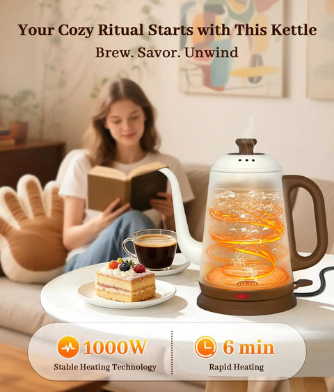 Gooseneck Electric Kettle For Pour Over Coffee And Tea, 1L Capacity, 1000W Fast Boil, 304 Stainless Steel BPA Free, Retro White Design