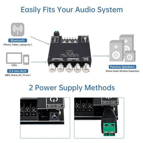 Bluetooth Power Amplifier Board 2.1 Channel With Subwoofer 50W X 2 Plus 100W DC 12V To 24V DIY Audio Rig for Home Theater shown with connections