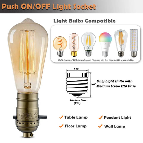 Heavy Duty Push On Off Light Socket With Medium Screw Base For Floor And Table Lamps Delivering No Sweat Operation And Rugged Antique Brass Housing UL Listed Twin Pack with compatible bulbs.