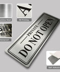 Heavy Duty Do Not Open Sign For Doors Stainless Steel Metal Self Adhesive 9 By 3 Inch Waterproof UV Resistant Heat Resistant Durable Easy Peel And Stick For Office Home Garage, angled view