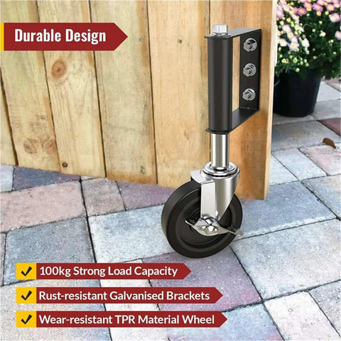 Built Tough As Nails Heavy Duty Gate Caster Wheel With Four Inch Spring Loaded Swivel Roller crafted for wooden fences, showing sturdy design.