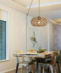 Plug In Boho Pendant Light With Hemp Rope Cord 15.1 Feet Long, Woven Rattan Cage Hanging Lamp above dining table with chairs