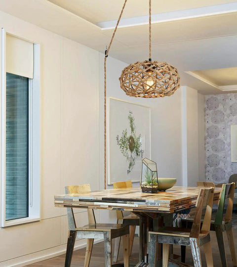 Plug In Boho Pendant Light With Hemp Rope Cord 15.1 Feet Long, Woven Rattan Cage Hanging Lamp above dining table with chairs