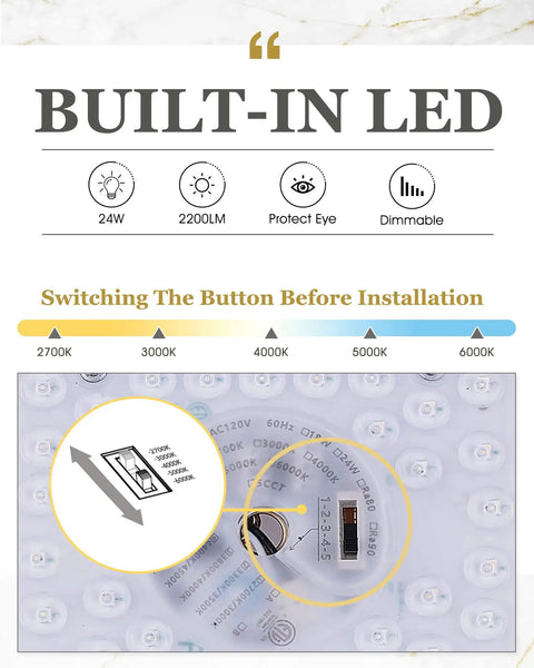 Diagram showing adjustable switch for Dope Gold Brass Flush Mount Ceiling Light With 13 Inch Close To Ceiling LED Fixture Dimmable 24W 2200Lumen 5 CCT Adjustable 2700K 3000K 4000K 5000K 6000K Perfect For Bedroom Hallway Kitchen.