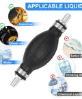 Three Eighths Inch Boat Primer Bulb For Outboard Motors Universal Carburetor Compatible Fuel Line Hand Prime Pump shown with applicable liquids.