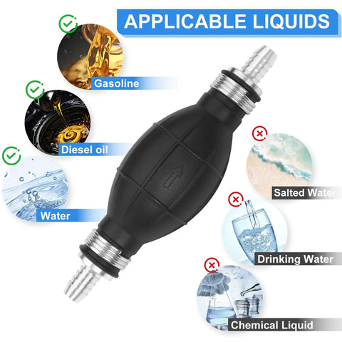 Three Eighths Inch Boat Primer Bulb For Outboard Motors Universal Carburetor Compatible Fuel Line Hand Prime Pump shown with applicable liquids.