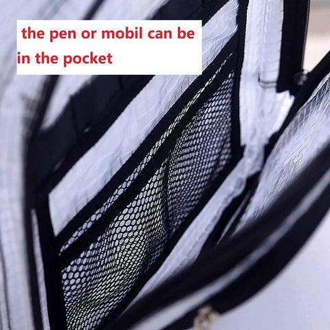 Interior view of Clear PVC ESD Backpack for Cleanroom Work, showing mesh pocket and space for laptop and tools.