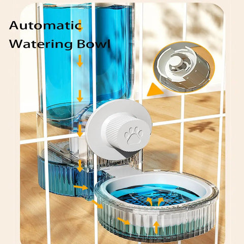 Cage Hanging Pet Bowl Gravity Water Dispenser For Dogs Cats Rabbits Kick Resistant Double Feeder Crate Kennel Food Bowls No Sweat Cleanup Top Shelf Hydration Spot Blue, showing automatic watering mechanism.