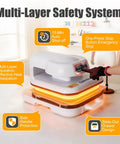 EcoSummer Automatic Electric Heat Press Machine With Digital Control Panel For Custom T Shirt Printing; showing safety features and design.