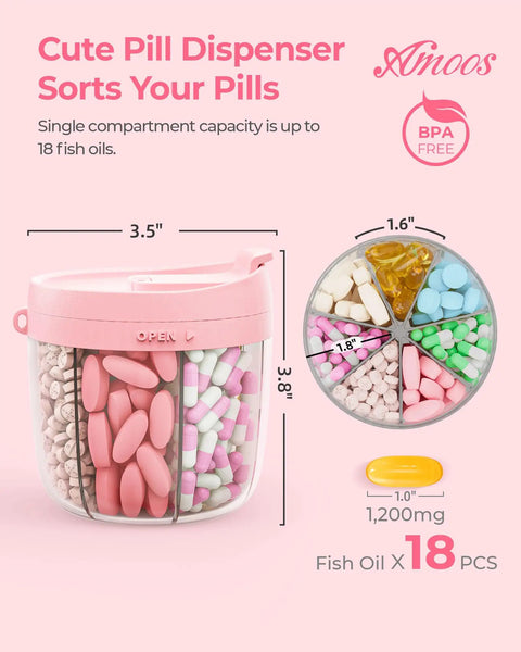 7 Compartment Pill Organizer For Travel With Anti Mix Design, Wide Mouth For Easy Access, BPA Free Patented Pill Container In Pink