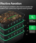 Five Layer Worm Compost Bin For Home Gardens 50L Vermicomposting Kit showing stackable bins with ventilation slits for aeration.