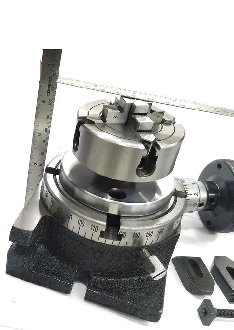 Close-up of 4 Inch Milling Indexing Rotary Table 100 Mm With Tailstock Set M6 Clamp Kit 65 Mm Three Jaw Self Centering Chuck