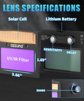 Auto darkening helmet lens with UV/IR filter, solar cell, lithium battery, sensitivity, and delay controls, 3.66" x 1.69" specifications.