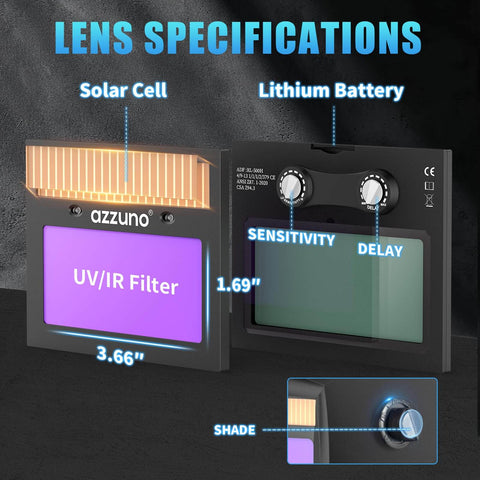 Auto darkening helmet lens with UV/IR filter, solar cell, lithium battery, sensitivity, and delay controls, 3.66" x 1.69" specifications.