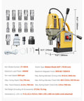 Heavy Duty Portable Magnetic Drill Press With 1400 Watt Copper Motor And Badass Magnetic Hold For Smooth Metal Core Cutting Up To One Point Six Inches Deep Includes Eleven High Speed Steel Hole Saw Bits For Rock Solid Steel Plate Drilling On Site, displaying components and specifications.