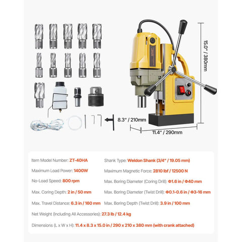 Heavy Duty Portable Magnetic Drill Press With 1400 Watt Copper Motor And Badass Magnetic Hold For Smooth Metal Core Cutting Up To One Point Six Inches Deep Includes Eleven High Speed Steel Hole Saw Bits For Rock Solid Steel Plate Drilling On Site, displaying components and specifications.