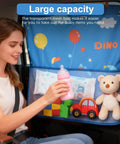 Woman in car next to blue organizer with toys and bottle, labeled "Dino" with balloons.