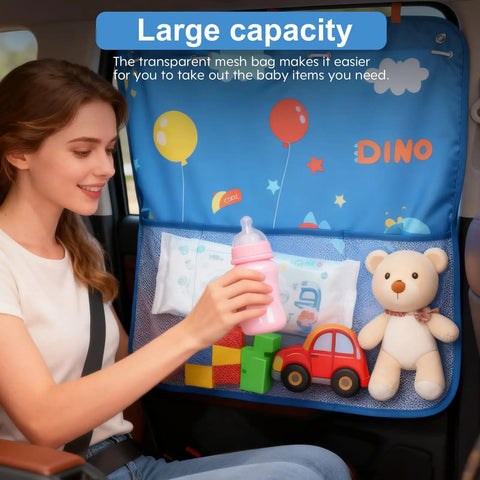 Woman in car next to blue organizer with toys and bottle, labeled "Dino" with balloons.