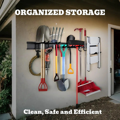 64 Inch Beast Of A Heavy Duty Garage Tool Organizer Wall Mount Rack System with tools and equipment neatly arranged.