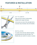 Features and installation guide for USB Powered Dimmable COB LED Strip Light 6 Foot Flexible And Cuttable 6000K Bright White 10W UL Listed