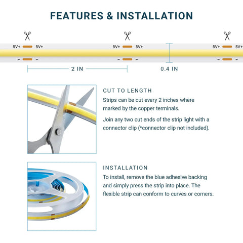 Features and installation guide for USB Powered Dimmable COB LED Strip Light 6 Foot Flexible And Cuttable 6000K Bright White 10W UL Listed