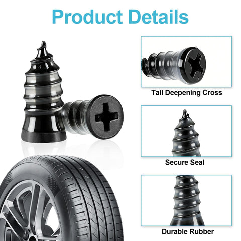 Close-up of Emergency Tire Plug Kit With 60 Pieces Quick Screw Type Plugs showing tail deepening cross and secure seal on rubber material.